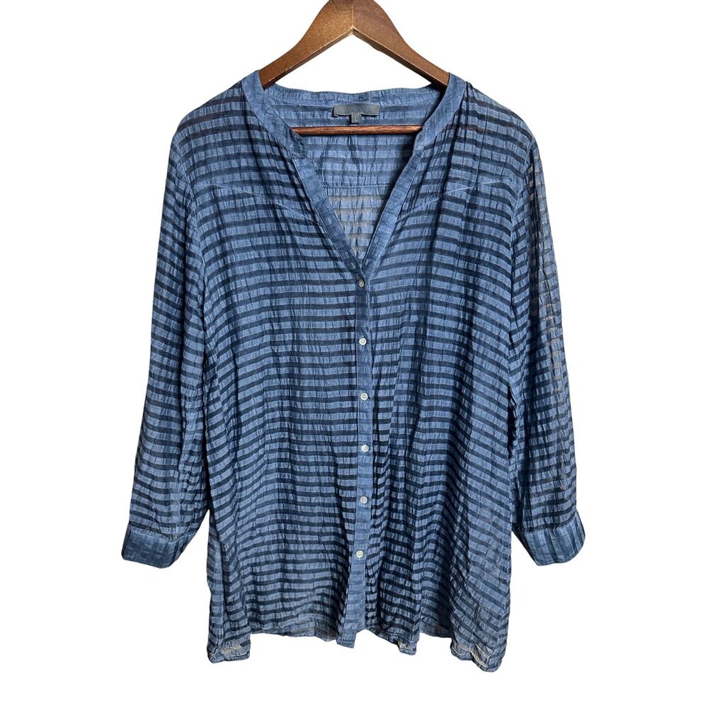 Yauvan Blue Shadow Stripe Cotton Viscose Tunic Blouse Roll Tab Sleeve size L
